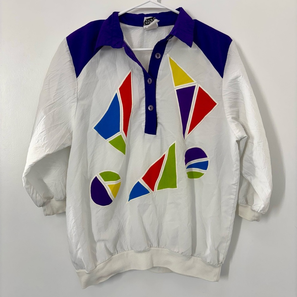 Vintage Teddi Sport White Purple Geometric 3/4 Sleeve Windbreaker Jacket Large